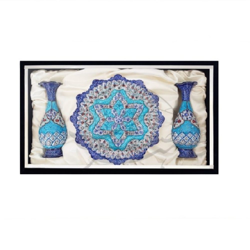 قیمت گلدان میناکاری - ست گلدان و بشقاب مینا کاری همراه با جعبه جیر و ساتن