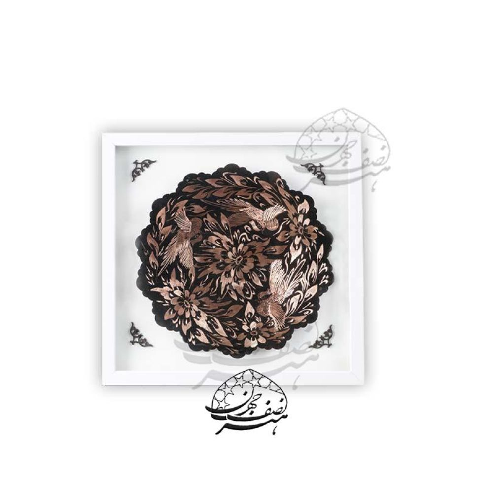قاب بشقاب حکاکی روی مس گل و مرغ سایز محصول قطر بشقاب 25cm