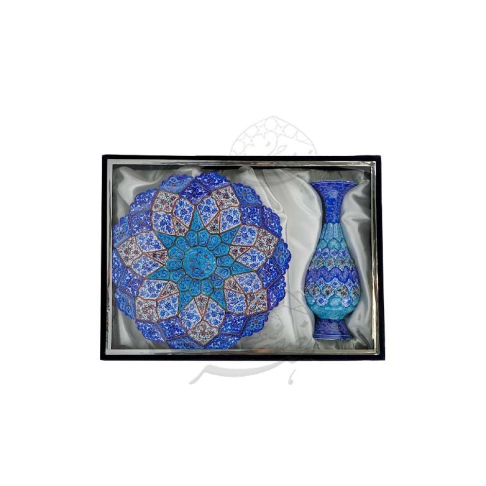 خرید گلدان مینا کاری - نیم ست گلدان مینا کاری همراه بشقاب داخل جعبه جیر