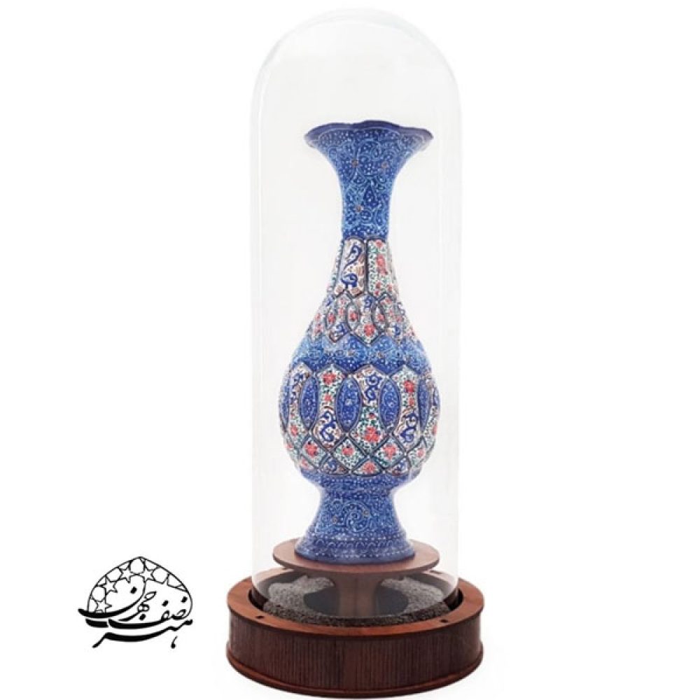 گلدان مینا کاری اصفهان - گلدان صراحی مینا کاری همراه جعبه شیشه ایی ارتفاع محصول 20cm