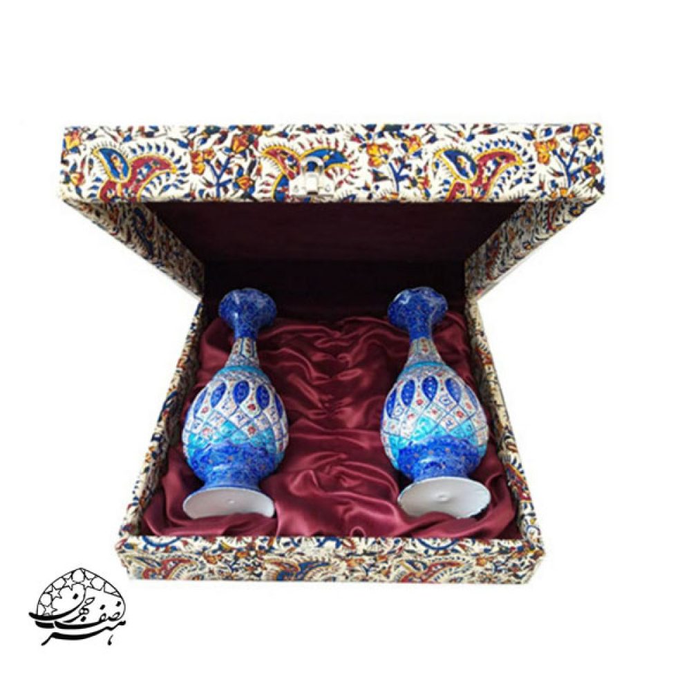 گلدان میناکاری - ست گلدان جفتی مینا کاری روی مس داخل جعبه ترمه