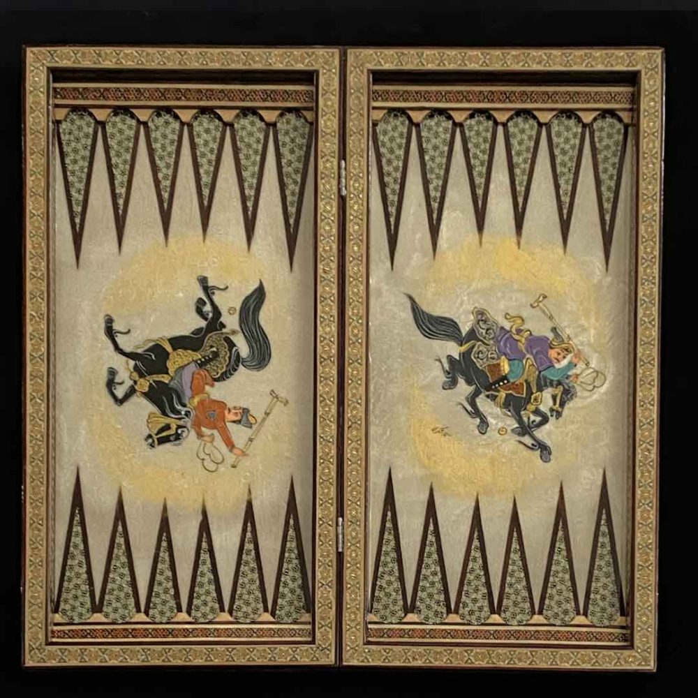 تخته نرد خاتم کاری استخوانی طرح چوگان روی صدف