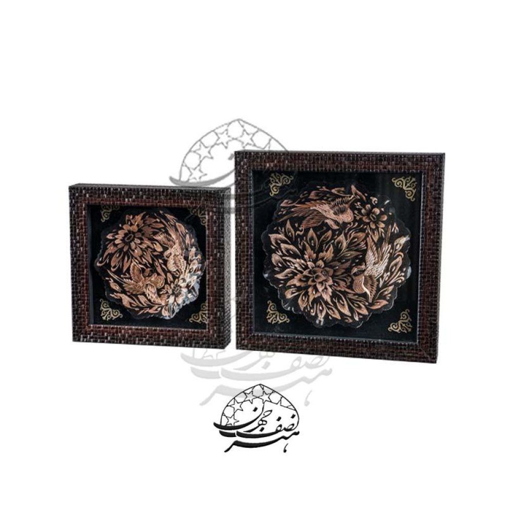 قاب بشقاب حکاکی روی مس گل و مرغ
