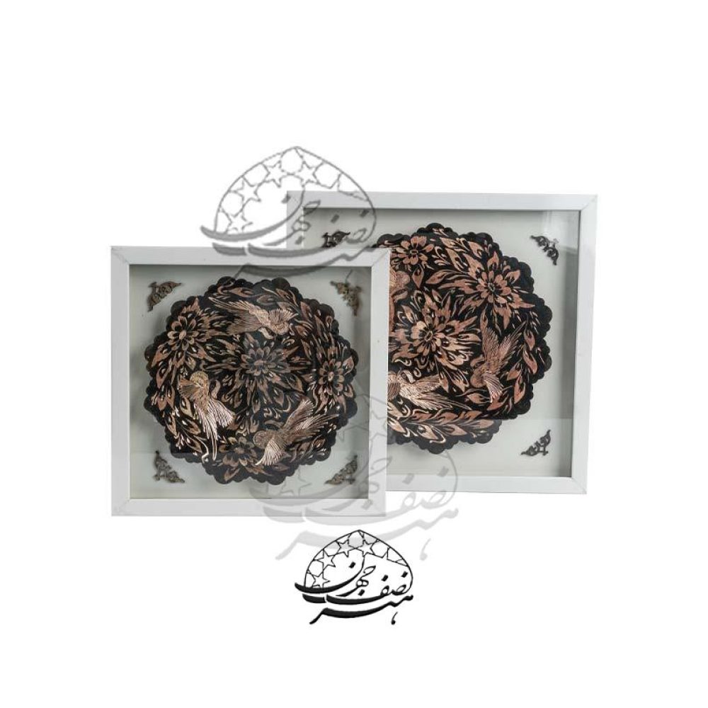 قاب بشقاب حکاکی روی مس گل و مرغ
