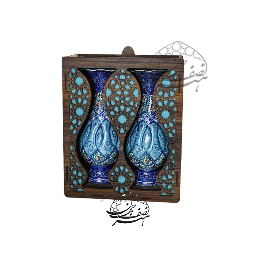 خرید گلدان مینا کاری - گلدان جفتی مینا کاری داخل جعبه چوبی سنتی
