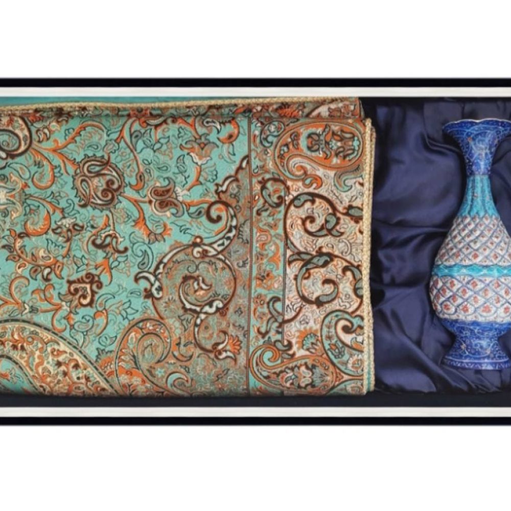 خرید گلدان مینا کاری - ست گلدان مینا کاری همراه با ترمه داخل جعبه جیر