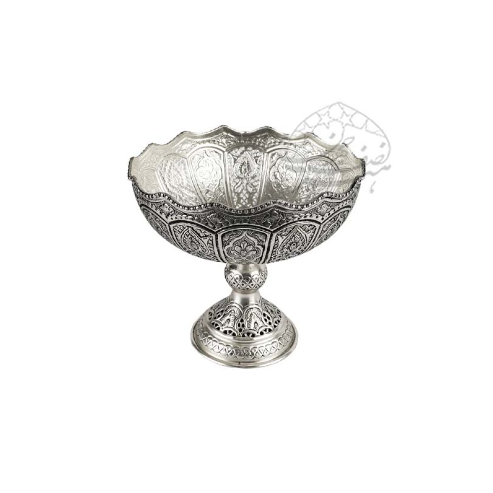 کاسه پایه دار قلمزنی روکش نقره سیاه قلم اعلا