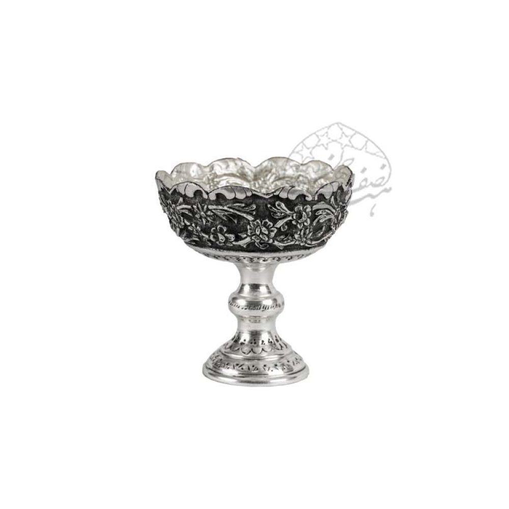کاسه پایه دار گل برجسته اعلا سیاه قلم اعلا روکش نقره