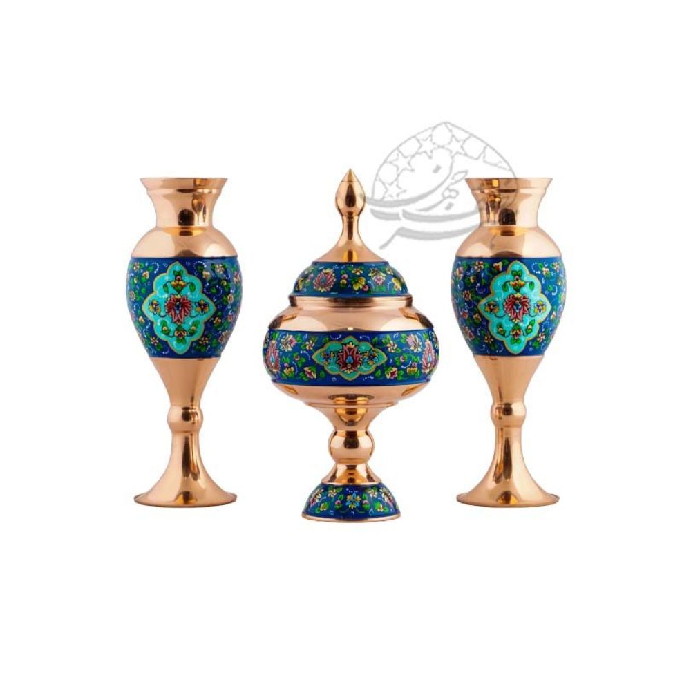 ست شکلات خوری مس و پرداز همراه با گلدان