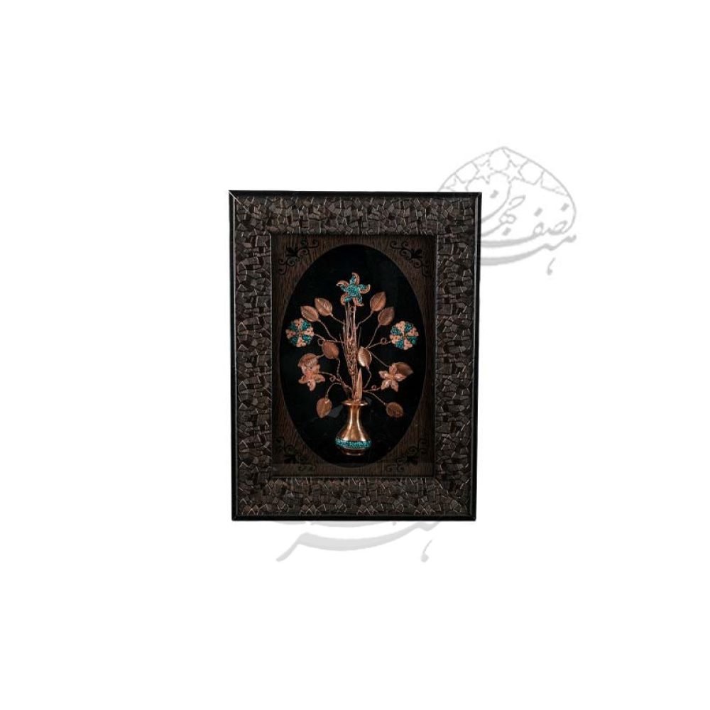 قاب گل فیروزه کوبی - قاب گل فیروزه کوبی پنج شاخه داخل گلدان فیروزه کوبی