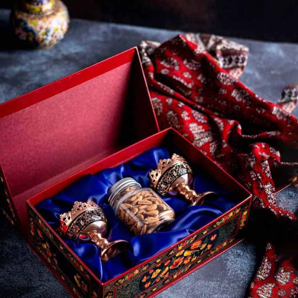 ست اجیل خوری - ست اجیل خوری دوتایی حکاکی لبه قلم داخل جعبه طرح گل و مرغ