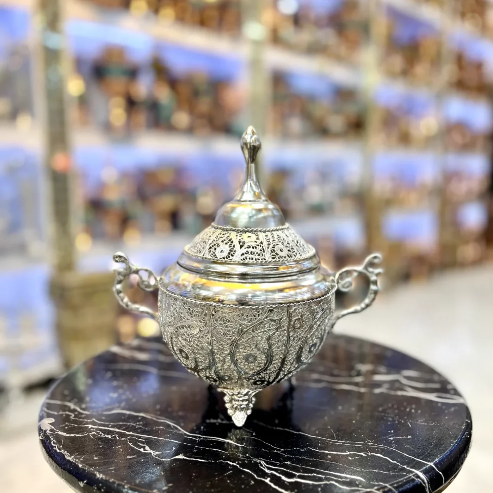 شکلات خوری - شکلات خوری پایه کوتاه دسته دار ملیله کاری روکش نقره